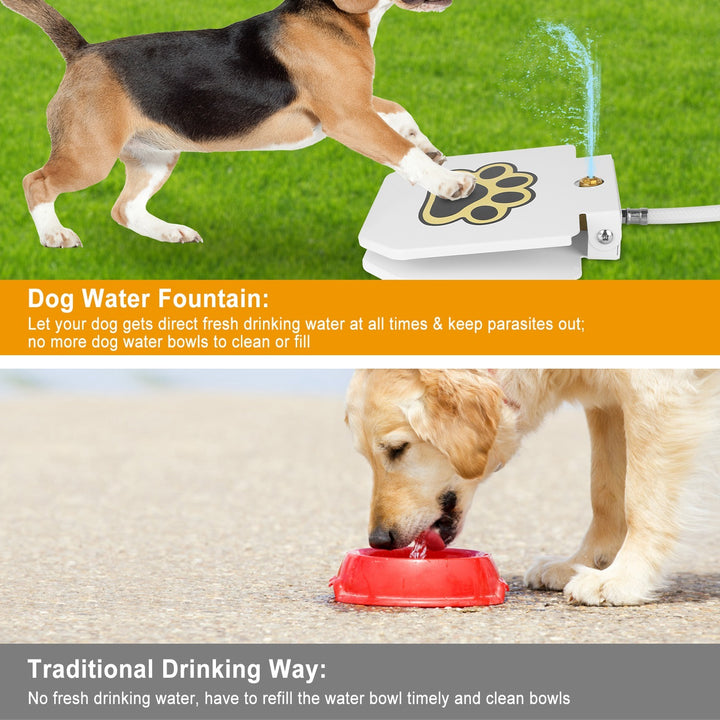 Dog Water Fountain Outdoor Step-On Pet Water Dispenser with Paw Pedal with a dog drinking from it on grass, and a dog eating from a red bowl on concrete.