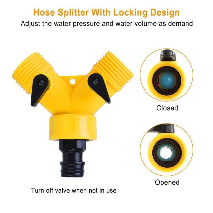 Yellow hose splitter with locking design on a white background