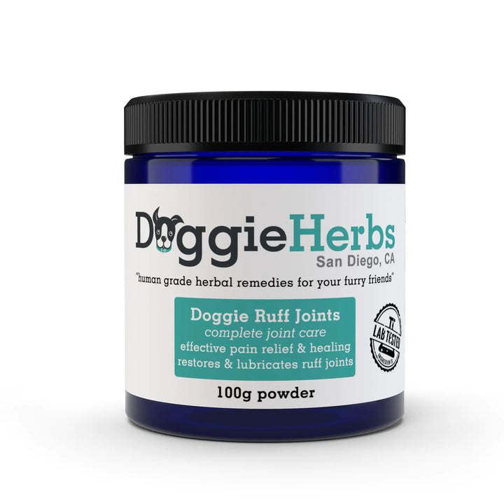 Doggie Herbs jar for dog joint care on a white background