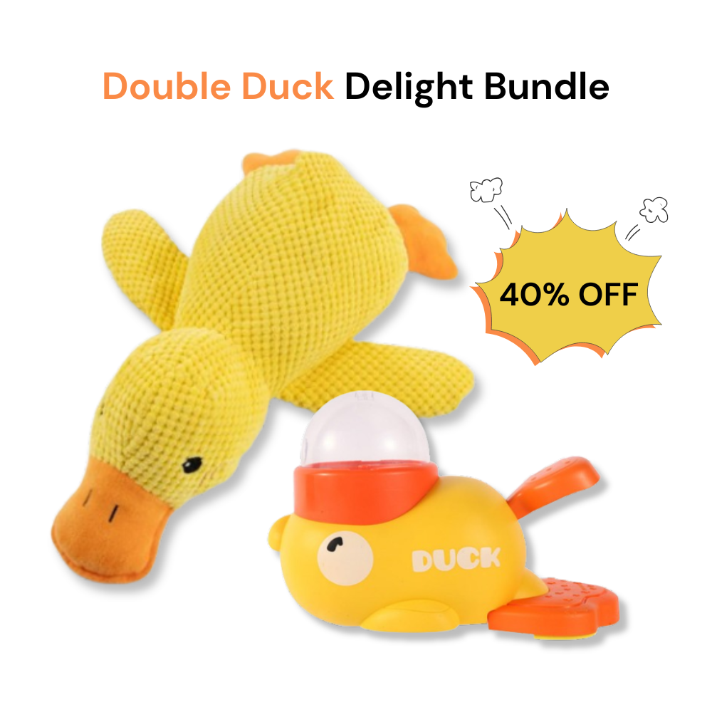 Two yellow duck toys with an egg-shaped duckling on a white background, labeled 'Double Duck Delight Bundle' with a discount offer.