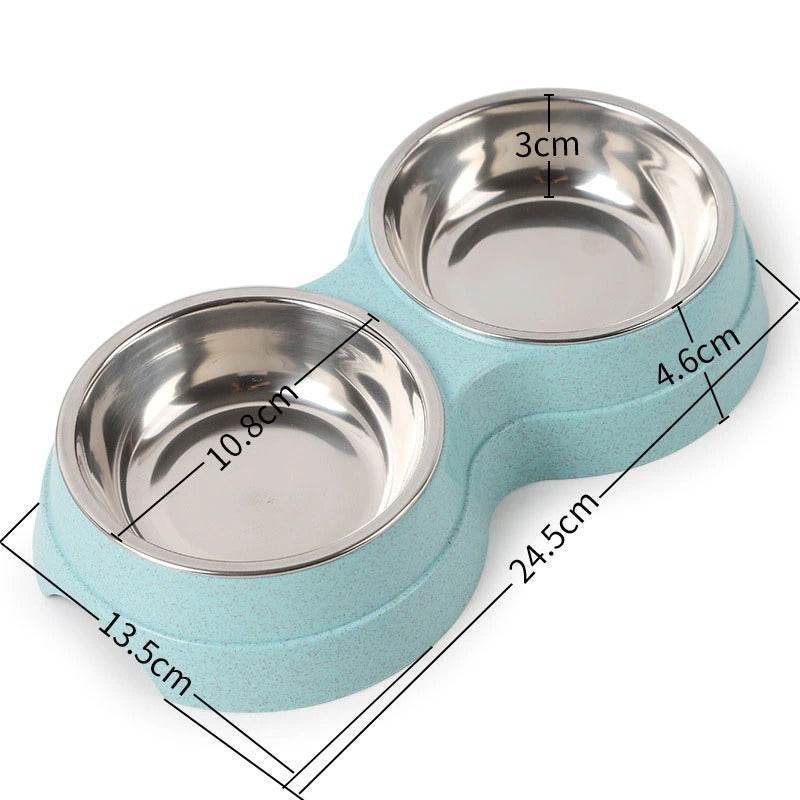 Blue pet bowl with stainless steel bowls and measurements on a white background