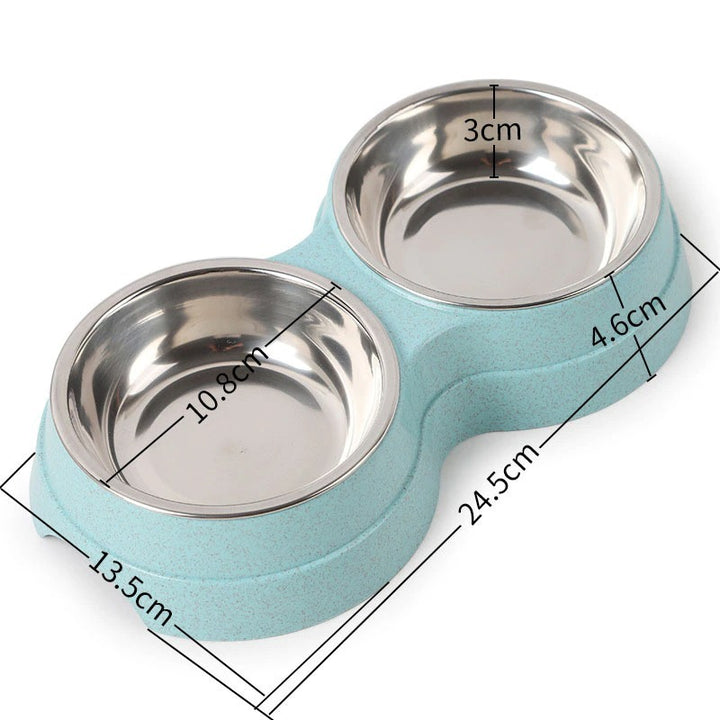Blue pet bowl with stainless steel bowls and measurements on a white background