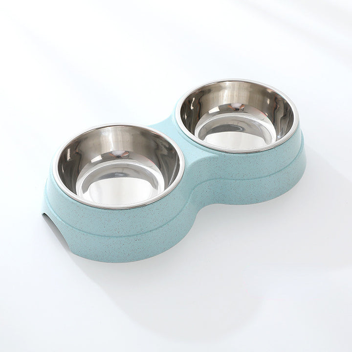 Pet bowl with two stainless steel compartments on a light blue base