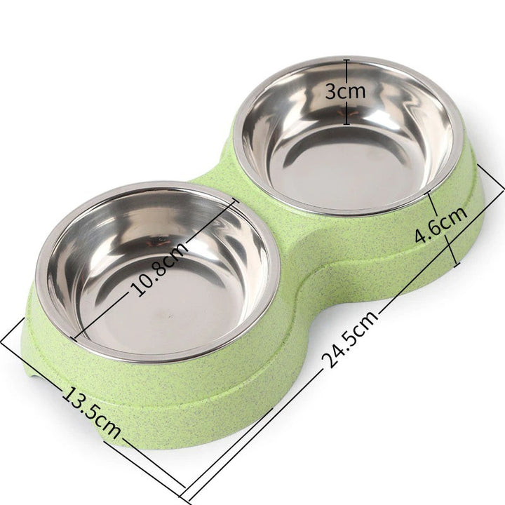 Green pet bowl with stainless steel compartments and measurements on a white background