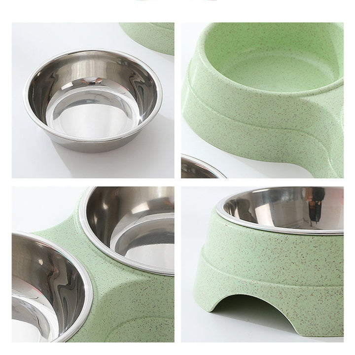Collage of a green pet bowl with a stainless steel interior, shown from different angles.