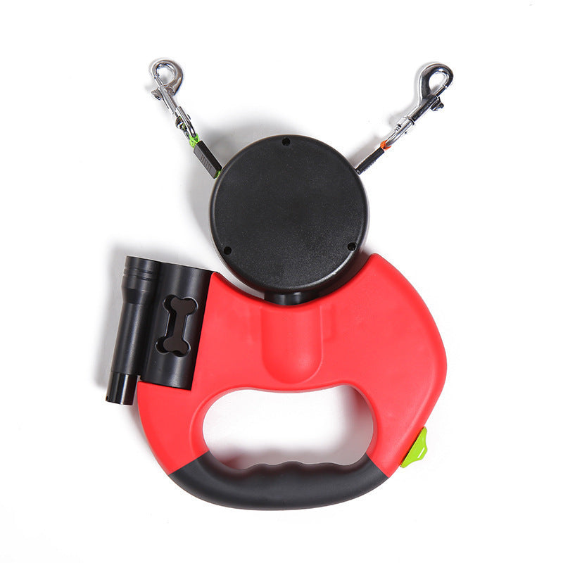 Retractable dog leash with flashlight and carabiner on a white background