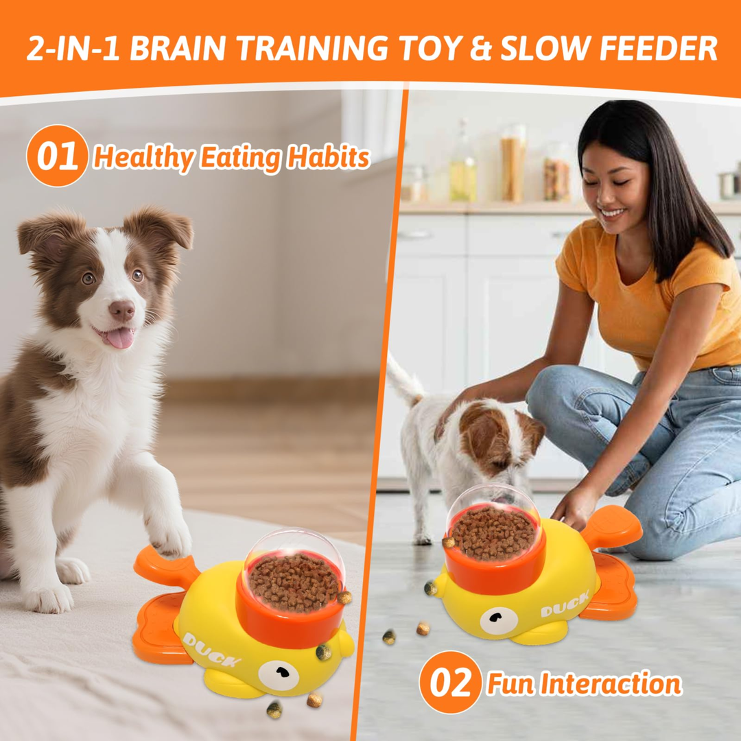 2-in-1 brain training toy and slow feeder for pets with a dog and woman interacting.