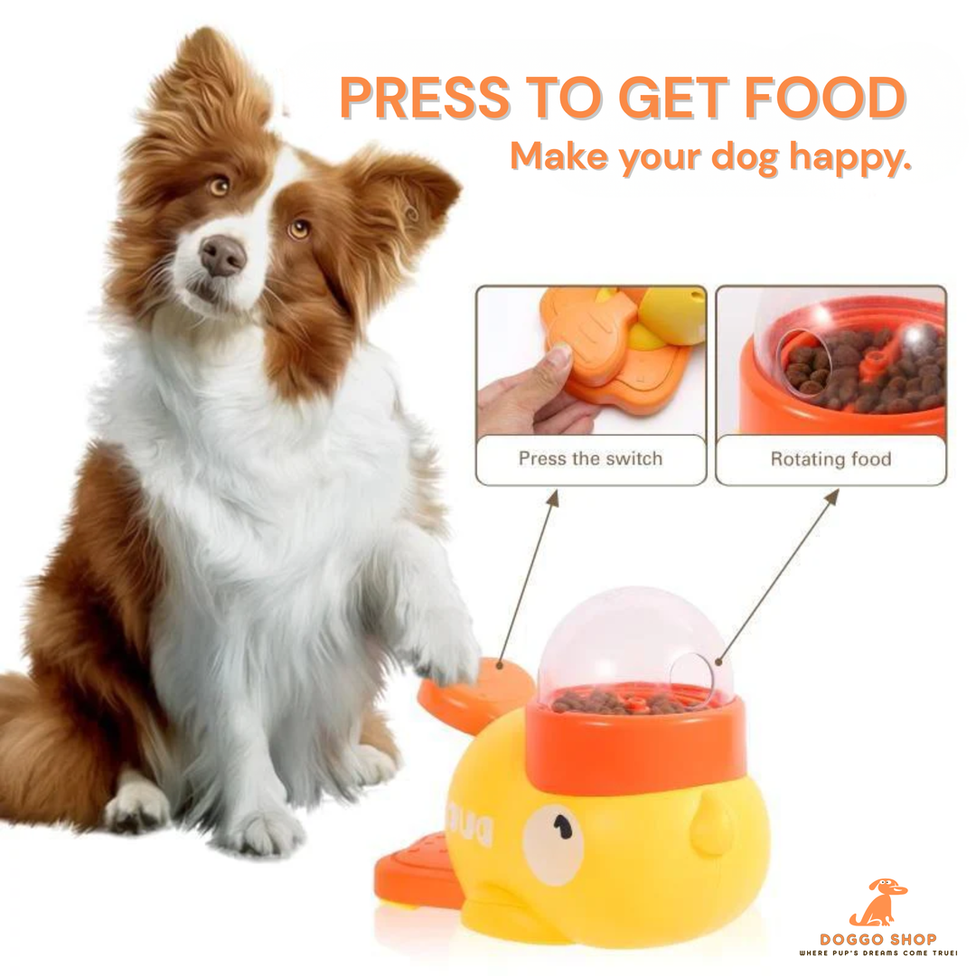 Dog toy designed to dispense food with a dog sitting next to it.