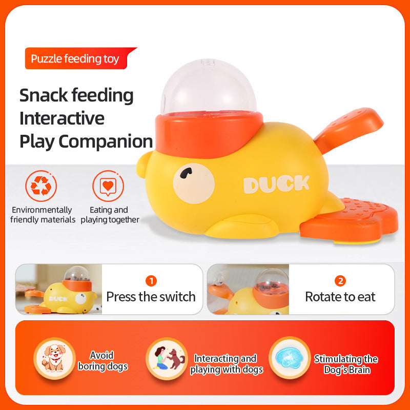 Yellow duck-shaped puzzle feeding toy with text and images on a white background