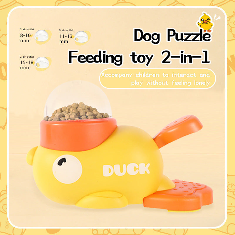 Dog puzzle feeding toy with a yellow duck design on a beige background