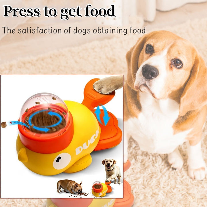 Dog toy designed to dispense food with a dog looking at it.