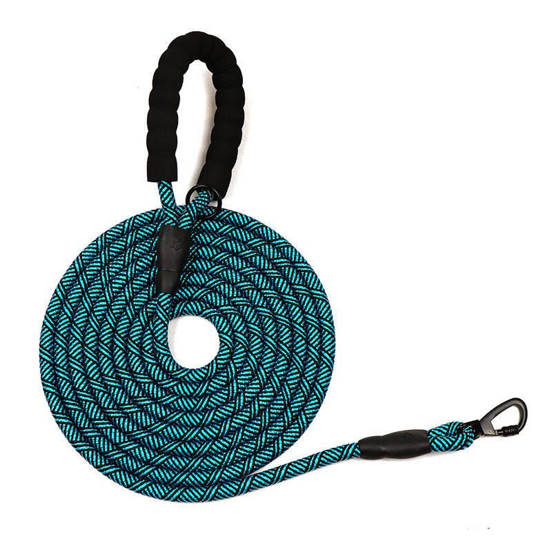Blue and black rope leash with carabiner on a white background