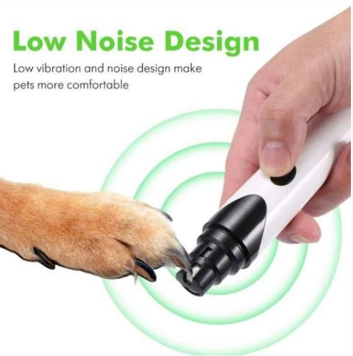 Pet nail trimmer being used on a dog's paw with text about low noise design.