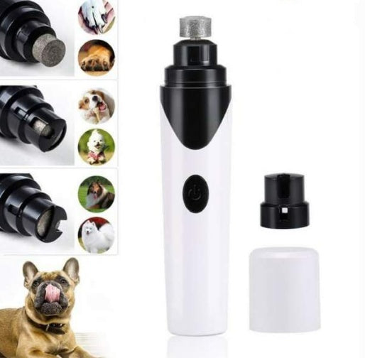 Pet nail grinder with attachments and images of dogs and cats on a white background