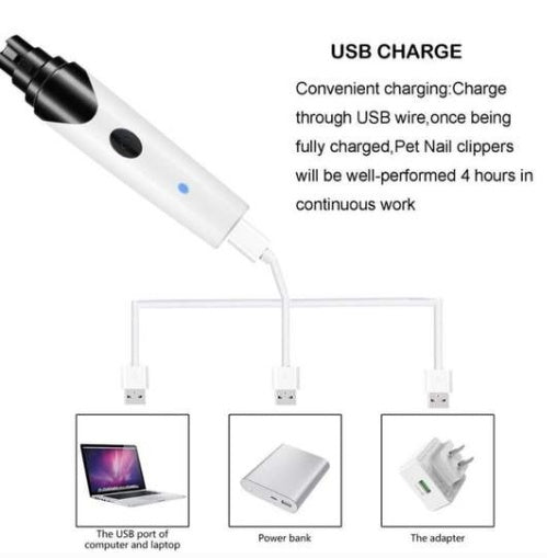 Pet nail clippers with USB charging cable on a white background