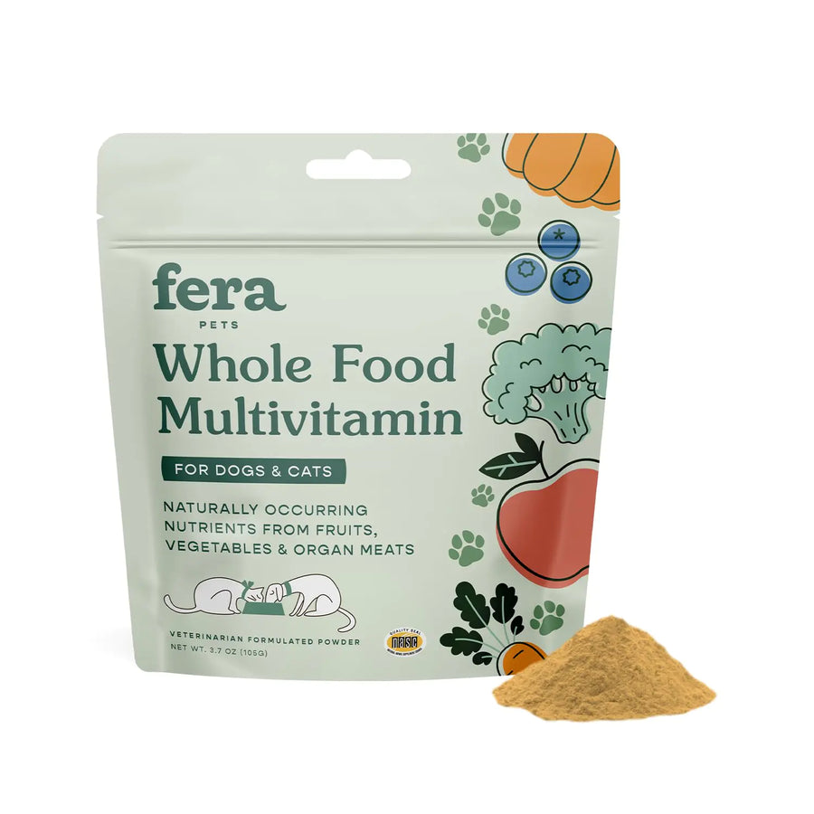 Fera Pets Whole Food Multivitamin package for dogs and cats with a small amount of powder on a white background