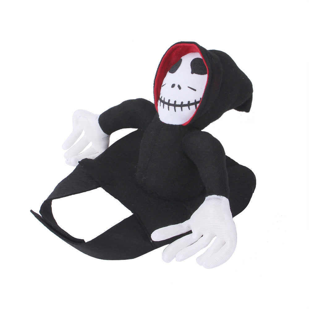 Black hooded figure with white face and gloves on a white background