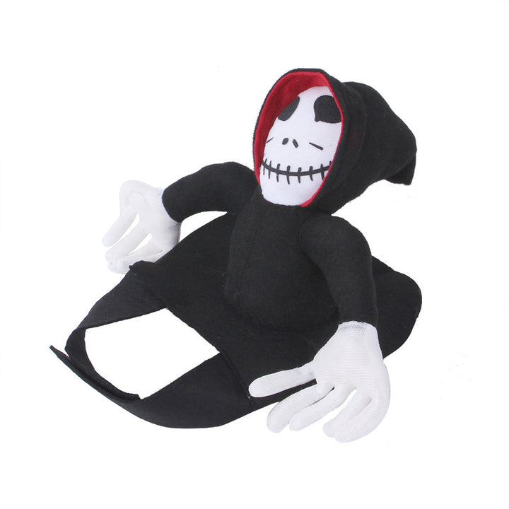 Black hooded figure with white face and gloves on a white background