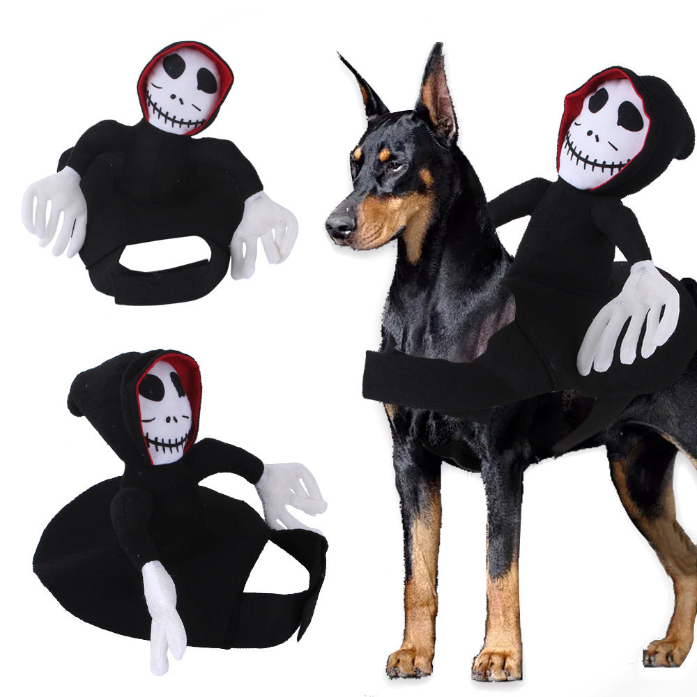 dog wearing a Ghost Ride-On Costume with two additional skeleton figures on a white background