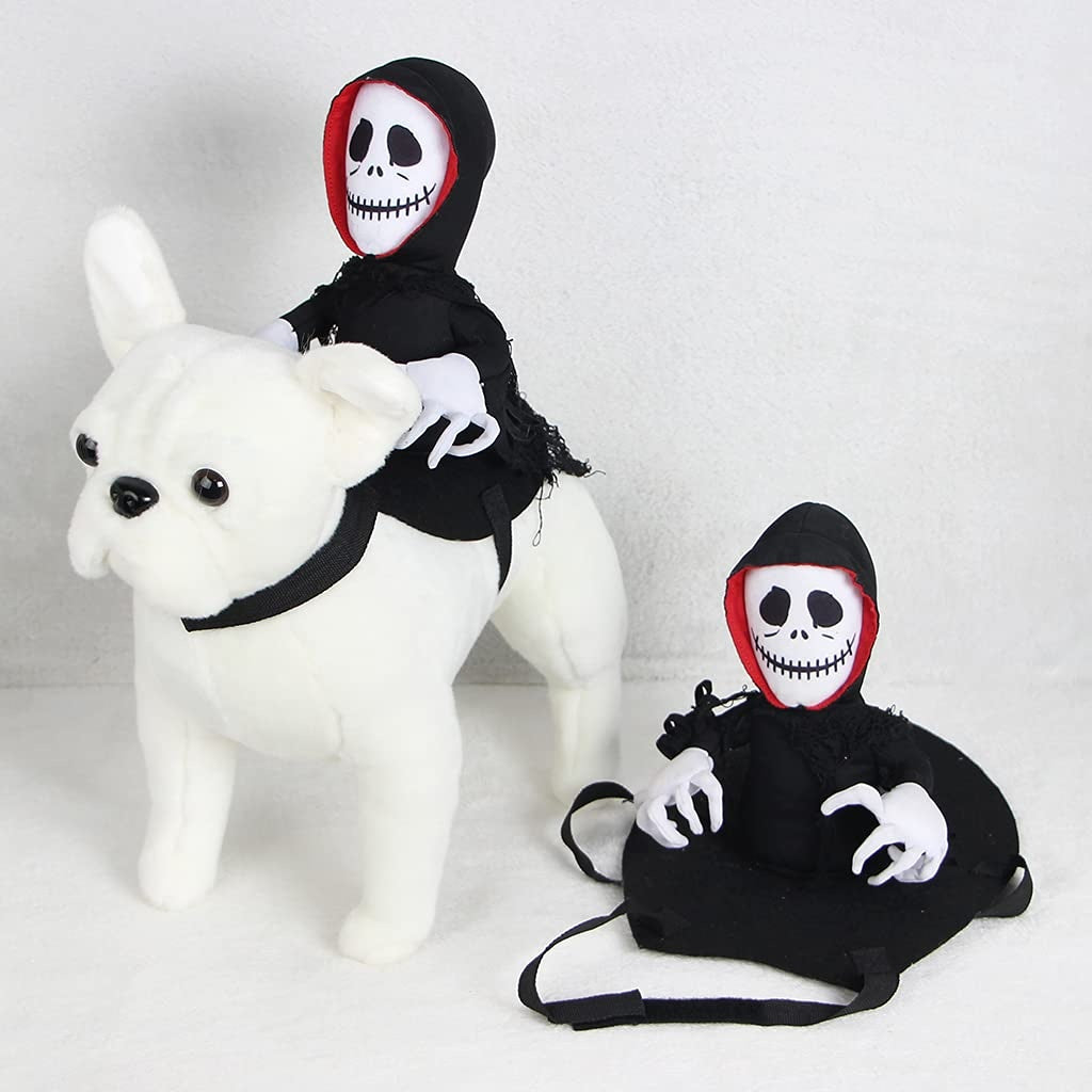 Ghost Ride-On Dog Costume with a black hooded ghost costume on a white background