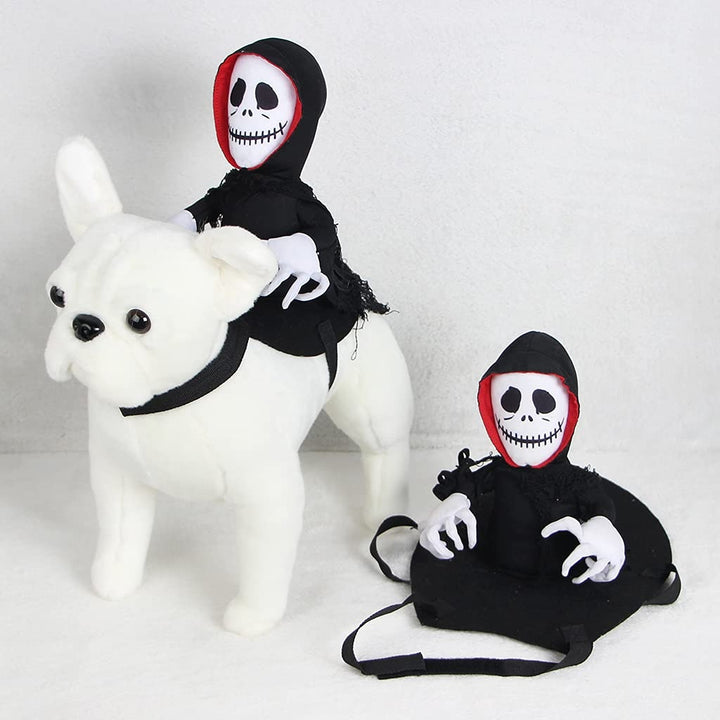 Ghost Ride-On Dog Costume with a black hooded ghost costume on a white background