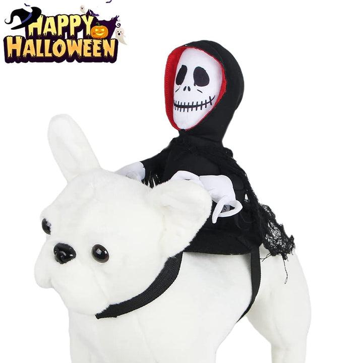 White dog wearing a black and red ghost costume with 'Happy Halloween' text above.