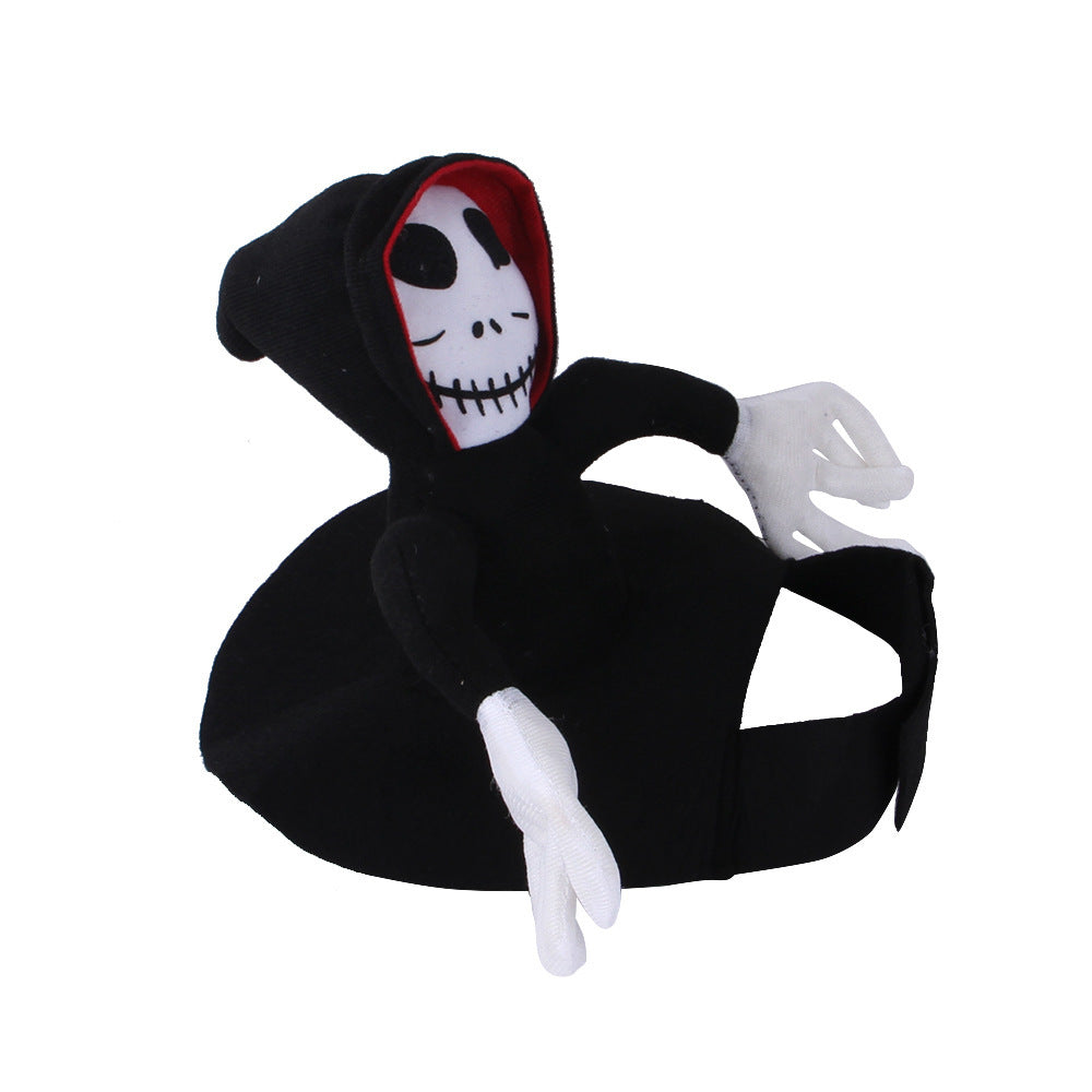 Plush toy with a black hood and white face on a white background