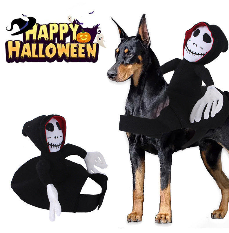 Dog in a Halloween costume with a skeleton figure, featuring 'Happy Halloween' text.