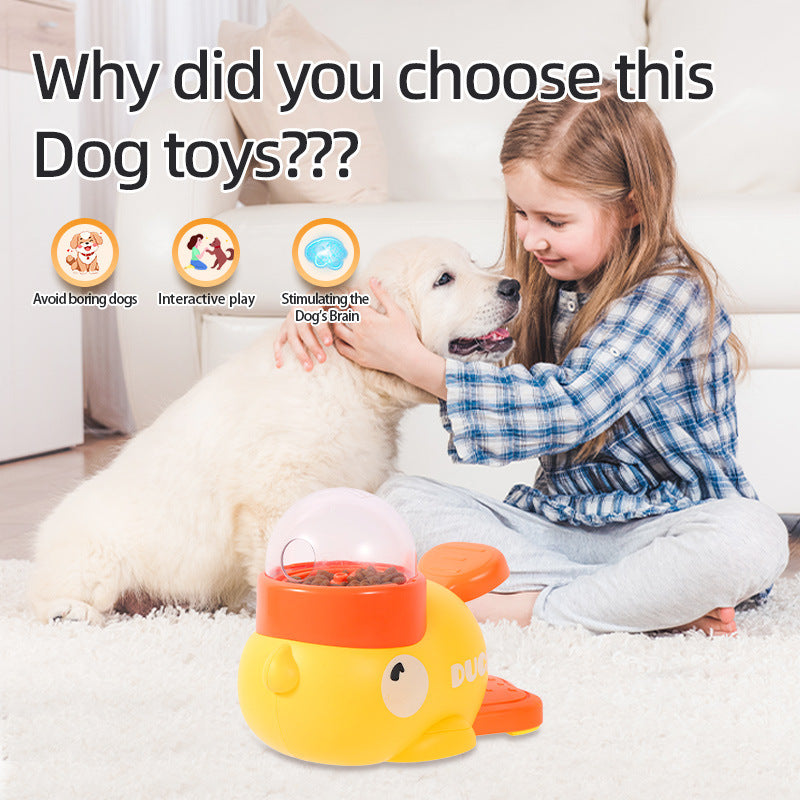 Girl playing with a dog and a yellow toy, with text asking why the toys were chosen.