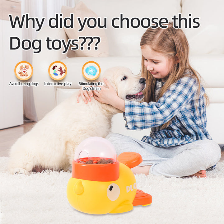 Girl playing with a dog and a yellow toy, with text asking why the toys were chosen.