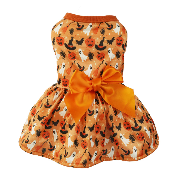 Halloween-themed pet dress with pumpkins, ghosts, and bats on an orange background.