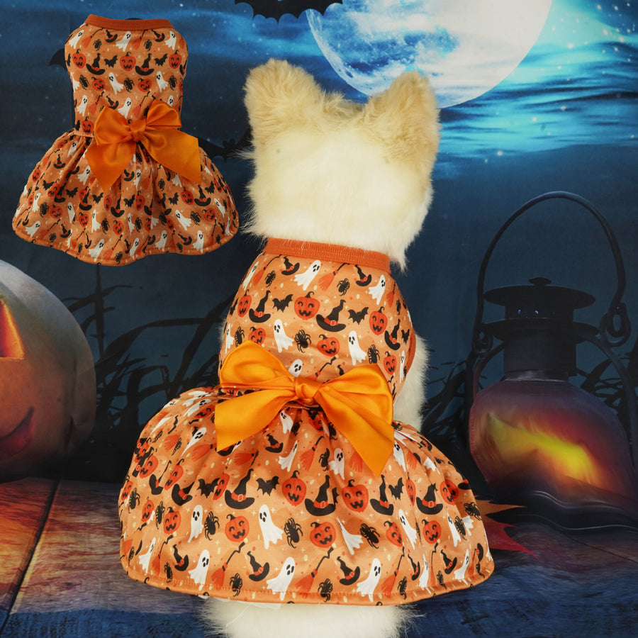 Dog wearing a Halloween-themed dress with pumpkins, ghosts, and bats, standing in front of a moonlit background.