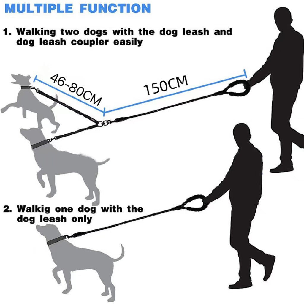Diagram showing a dog leash and coupler system with instructions on using it for two dogs and one dog.