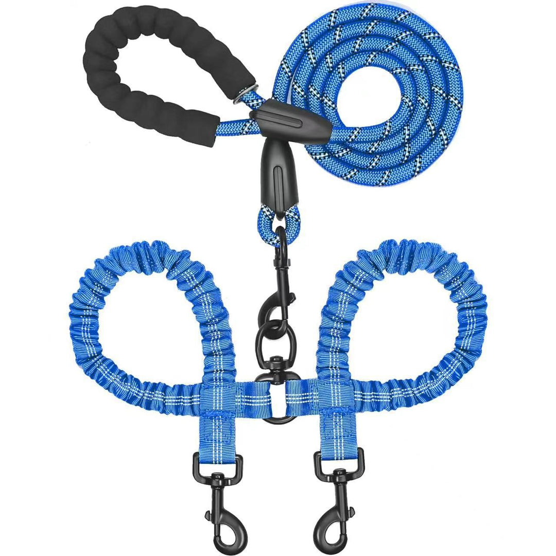 Blue dog leash with black connectors on a white background