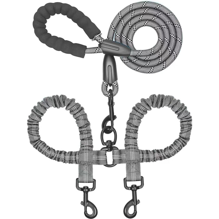Dog leash and harness set with gray and black pattern on a white background