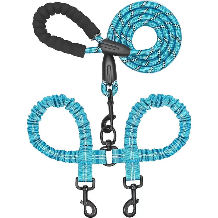 Blue dog leashes with black connectors on a white background