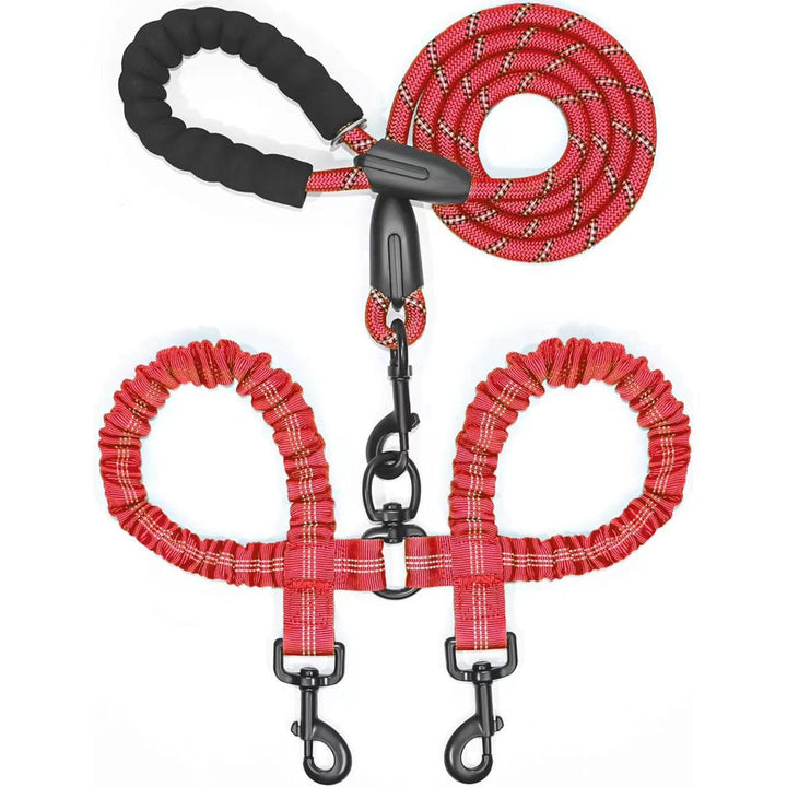 Red dog leashes with black connectors on a white background