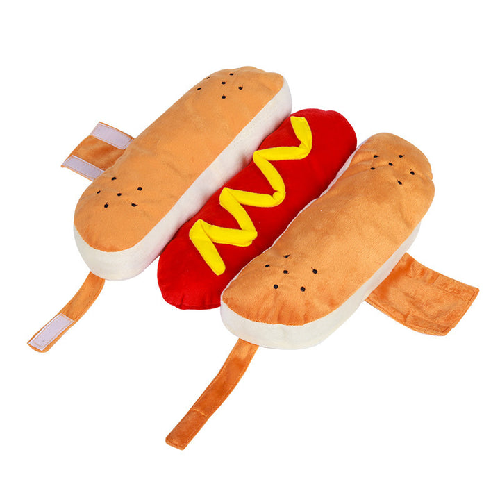 Hot Dog Dog Costume with a bun, red body, and yellow mustard on a white background