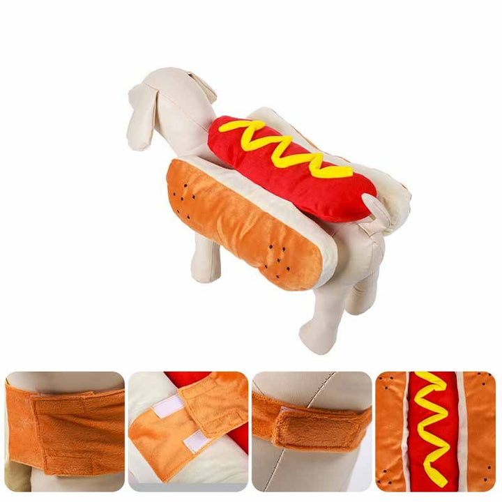 Dog toy shaped like a hot dog with a bun, red filling, and yellow mustard on a white background.