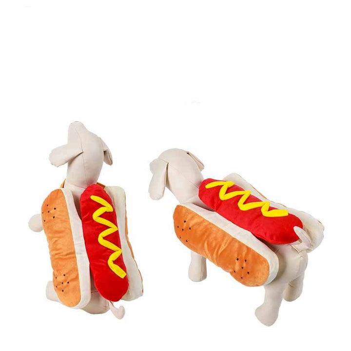 Two plush toys shaped like hot dogs on a white background