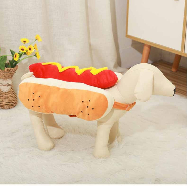 Plush hot dog-shaped stool with a red top and yellow mustard on a light-colored floor.