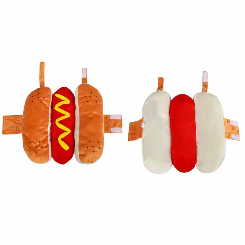 Two sets of Hot Dog Dog Costume resembling hot dogs and buns on a white background