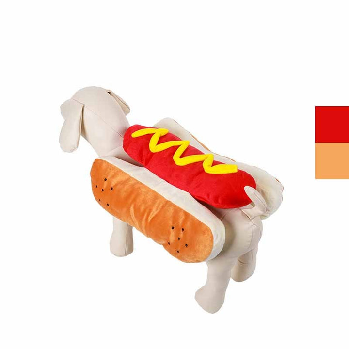 Dog toy shaped like a hot dog with mustard on a white background