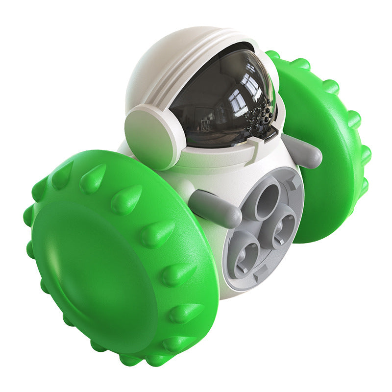 Toy robot with green spiky wheels on a white background