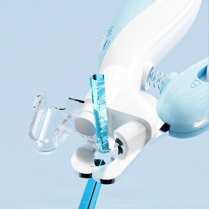 White and blue dental tool with a brush on a light blue background