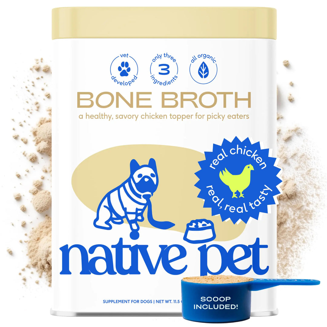 Native Pet Bone Broth packaging with a scoop on a white background