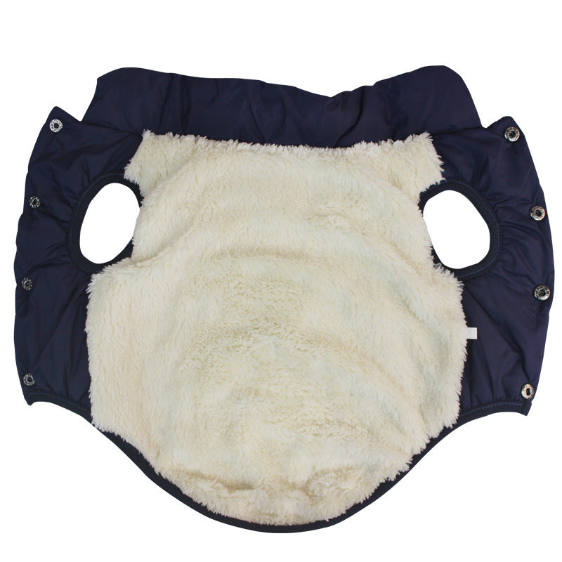 Navy blue pet coat with white fluffy interior on a white background