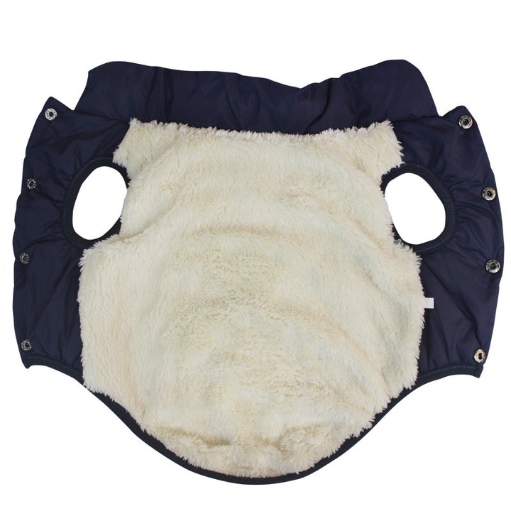 Navy blue pet coat with white fluffy interior on a white background