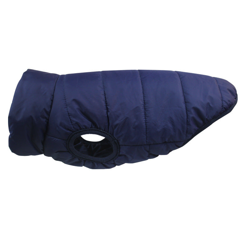 Navy blue puffer dog coat on a white background