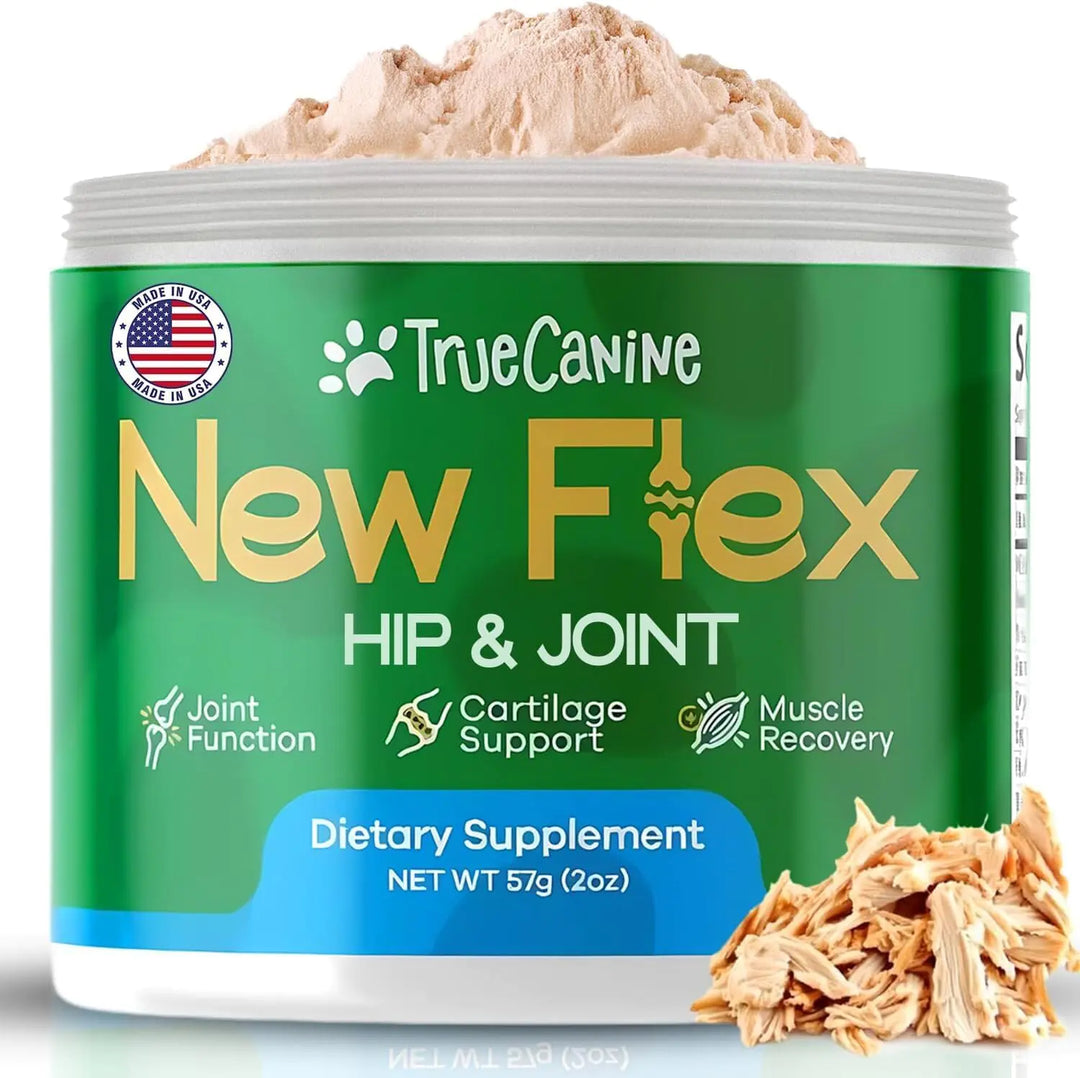 TrueCanine New Flex Hip & Joint dietary supplement container on a white background